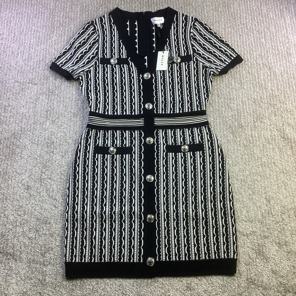 Milly Black White Scallop Textured V Neck Knit Mini Dress Size M NWT